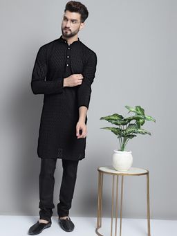 Jompers - Black Men's Embroidered Cotton Kurta and Churidar