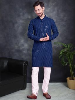 Jompers - Men Peacock Blue Embroidered and Sequence Kurta with Churidar
