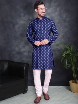 Jompers - Men Navy and White Floral Printed Kurta with Churidar