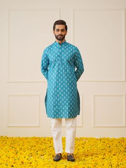 Jompers - Men Teal and White Floral Printed Kurta with Pyjama