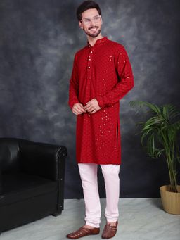 Jompers - Men Maroon Embroidered and Sequence Kurta with Churidar