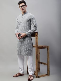 Jompers - Men's Grey and White Embroidered Straight Kurta and Pyjama