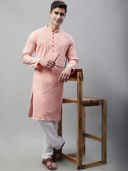 Jompers - Men's Peach and White Embroidered Straight Kurta and Pyjama