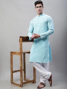 Jompers - Men's Sky Blue and White Embroidered Straight Kurta and Pyjama