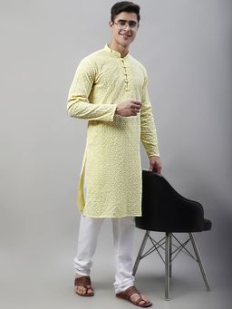 Jompers - Men's Yellow and White Embroidered Straight Kurta and Pyjama