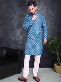 Jompers - Men Teal and White Floral Printed Kurta with Churidar