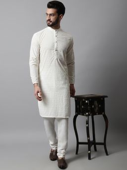 Jompers - Off White Men's Embroidered Cotton Kurta and Pyjama