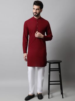 Jompers - Maroon Men's Embroidered Cotton Kurta and Pyjama