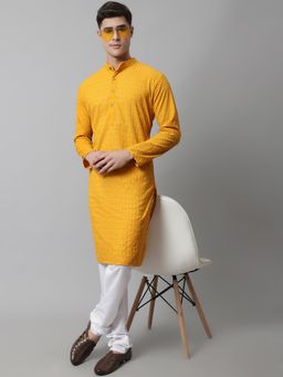 Jompers - Mustard Men's Embroidered Cotton Kurta and Pyjama