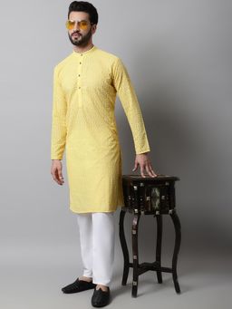 Jompers - Yellow Men's Embroidered Cotton Kurta and Pyjama