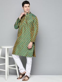 Jompers - Men Green and White Woven Design Kurta with Churidar