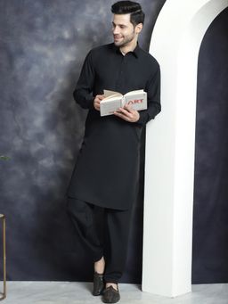 Jompers - Black Men's Solid Pathani Kurta with Salwar