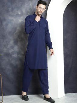 Jompers - Navy Blue Men's Solid Pathani Kurta with Salwar