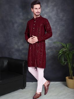 Jompers - Maroon Men's Sequins Embroidered Kurta with Pyjama