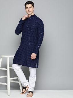 Jompers - Men Navy Blue Embroidered and Sequence Kurta with Churidar