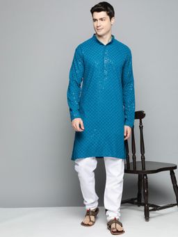 Jompers - Men Blue Embroidered and Sequence Kurta with Churidar