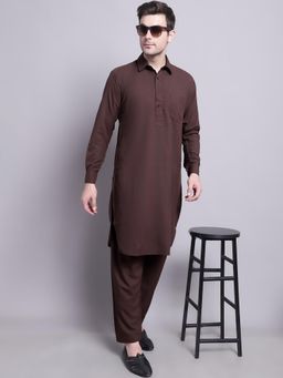 Jompers - Men's Coffee Brown Cotton Solid Pathani Kurta with Salwar