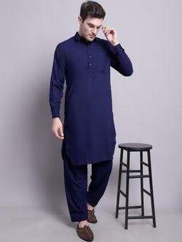 Jompers - Men's Navy Blue Cotton Solid Pathani Kurta with Salwar