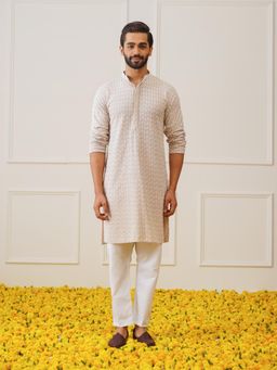 Jompers - Beige Sequin Embroidered Pure Cotton Kurta with Pyjama