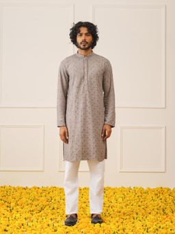 Jompers - Grey Sequin Embroidered Pure Cotton Kurta with Pyjama