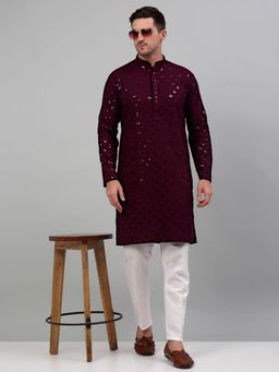 Jompers - Men's Wine Embroidered and Sequence Kurta with Pyjama