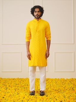 Jompers - Men's Yellow Embroidered and Sequence Kurta with Pyjama