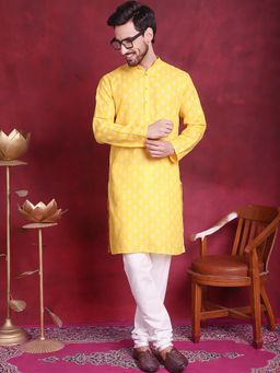 Jompers - Men Lemon and White Floral Printed Kurta with Churidar
