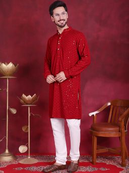 Jompers - Men Maroon Embroidered and Sequence Kurta with Churidar