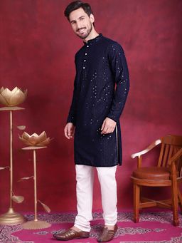 Jompers - Men Navy Blue Embroidered and Sequence Kurta with Churidar