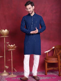 Jompers - Men Peacock Blue Embroidered and Sequence Kurta with Churidar