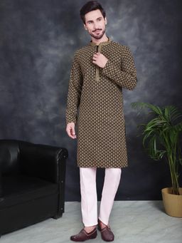 Jompers - Olive Men's Sequins Embroidered Kurta with Pyjama