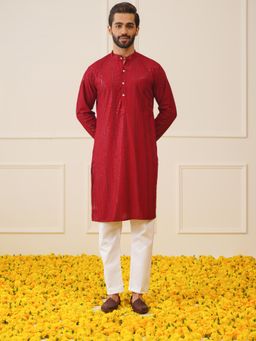 Jompers - Maroon Men's Sequins Embroidered Kurta with Pyjama