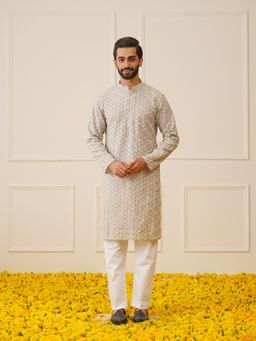 Jompers - Grey Men's Chikankari Embroidered Kurta and Pyjama