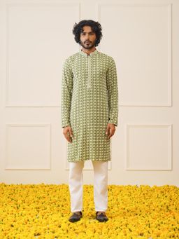 Jompers - Green Men's Sequins Embroidered Kurta with Pyjama
