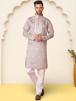 Jompers - Men's Grey Chikankari Embroidered Kurta With Pyjama