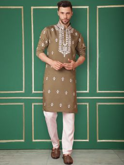 Jompers - Men's Brown Chikankari Embroidered Kurta With Pyjama