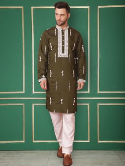 Jompers - Olive Men's Collar Chikankari Embroidered Kurta With Pyjama