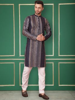 Jompers - Navy Blue Men's Mirror Work Kurta and Pyjama