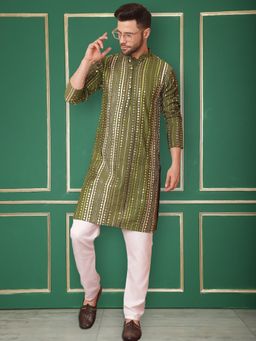 Jompers - Olive Men's Mirror Work Kurta and Pyjama