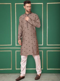 Jompers - Grey Men's Collar Chikankari Embroidered Kurta With Pyjama