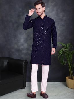 Jompers - Men's Navy Blue Embroidered and Sequence Kurta with Pyjama