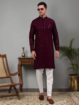 Jompers - Men's Wine Embroidered and Sequence Kurta with Pyjama