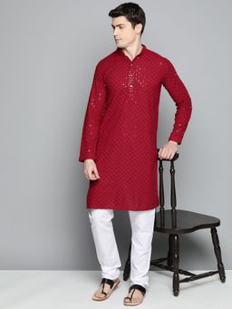Jompers - Men Maroon Embroidered and Sequence Kurta with Churidar