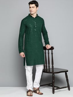 Jompers - Men Olive Green Embroidered and Sequence Kurta with Churidar