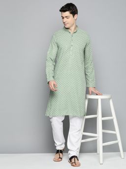 Jompers - Men Pista Green Embroidered and Sequence Kurta with Churidar