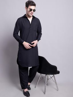Jompers - Men's Black Cotton Solid Pathani Kurta with Salwar