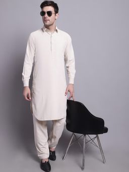 Jompers - Men's Off White Cotton Solid Pathani Kurta with Salwar