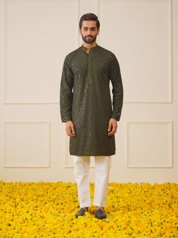 Jompers - Olive Sequin Embroidered Pure Cotton Kurta with Pyjama