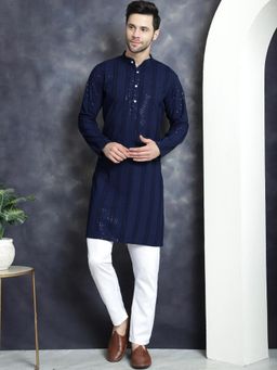 Jompers - Navy Blue Men's Sequins Embroidered Kurta with Pyjama