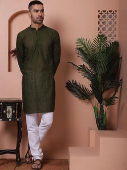 Jompers - Olive Embroidered Cotton Kurta with Churidar